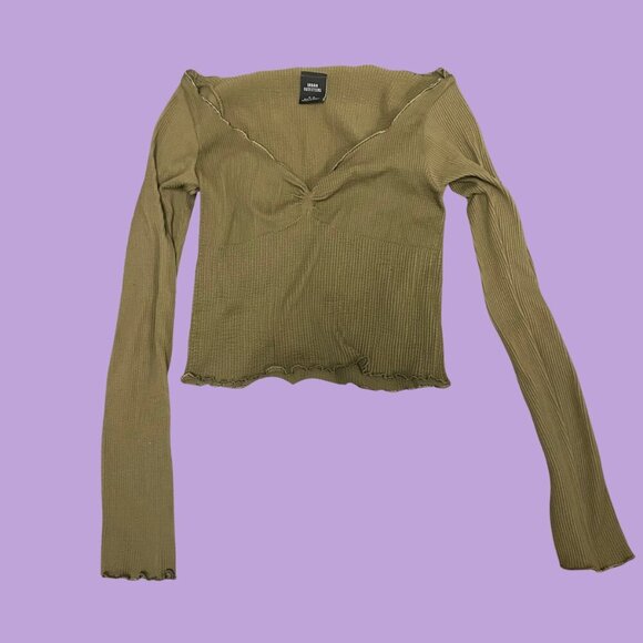 Urban Outfitters Olive Green Ribbed Long Sleeve Crop Top (Size M) - Picture 2 of 8